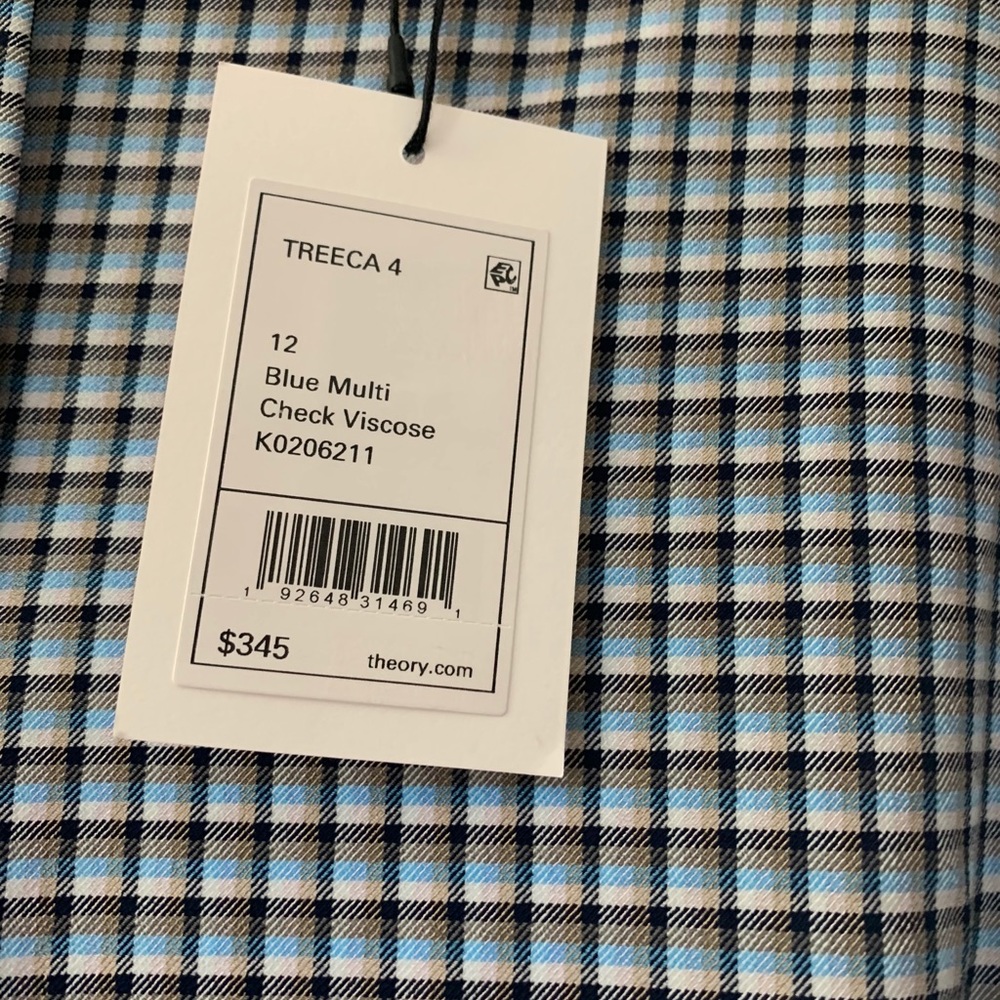 Theory Treeca 4 Blue Multi check Viscose SZ 12
